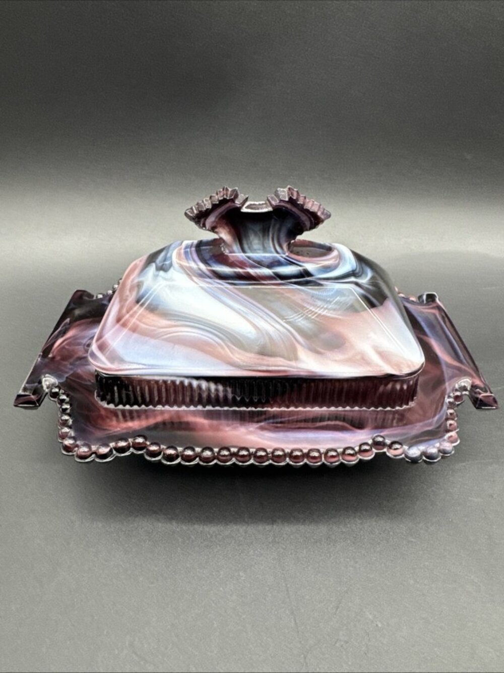 Vintage Rare Imperial Slag Glass Purple Amethyst Bead Butter Trinket Dish Footed